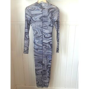 Y2K Mesh Midi Dress Small Blue Swirl Long Sleeve Bodycon Sheer Retro Festival
